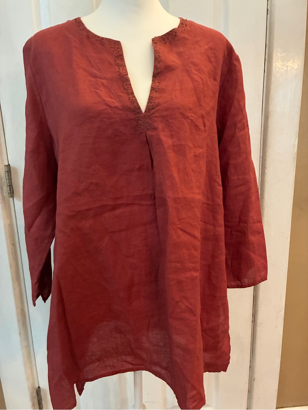 NWT Eileen Fisher Sequin Split Neck Irish Linen Tunic Top Terracotta XL